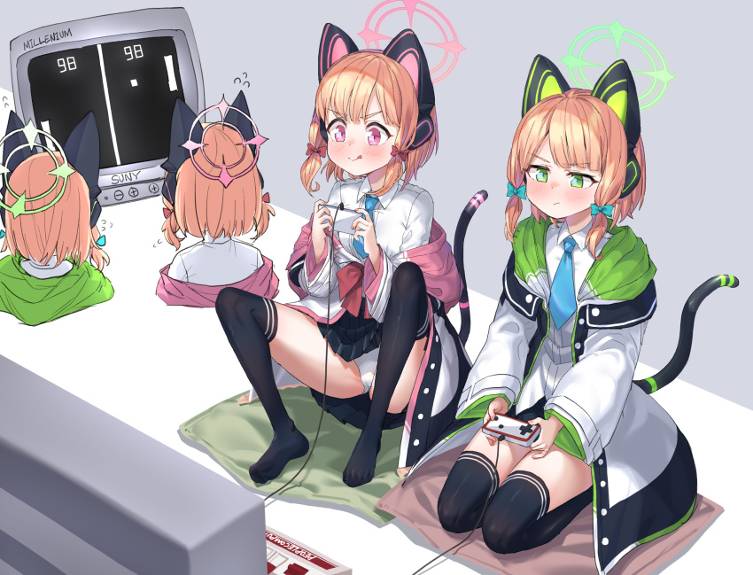 2girls :q animal_ear_headphones animal_ears black_skirt black_thighhighs blonde_hair blue_archive blue_necktie blush bow brand_name_imitation cat_ear_headphones cat_ears cat_tail chinese_commentary coat commentary controller crt dorymin fake_animal_ears fake_tail famicom flying_sweatdrops game_console game_controller green_eyes grey_background hairbow halo headphones highres holding holding_controller holding_game_controller knees_up midori_(blue_archive) mixed-language_commentary momoi_(blue_archive) multiple_girls necktie no_shoes off_shoulder panties pantyshot pillow pink_eyes playing_games pong ribbon romaji_commentary shirt short_hair siblings simple_background sisters sitting skirt smile spread_legs tail television thighhighs thighs tongue tongue_out twins underwear upskirt white_coat white_panties white_shirt