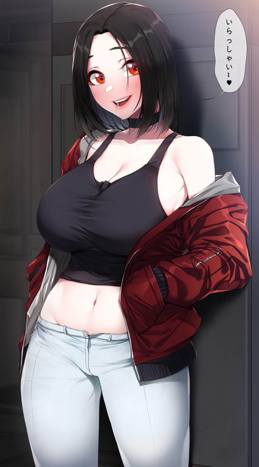 akchu bare_shoulders black_choker black_hair black_tank_top breasts choker cleavage commentary crop_top female hands_in_pockets highres hina_(akchu) jacket large_breasts looking_to_the_side midriff mole mole_under_mouth navel off_shoulder open_mouth orange_eyes original pale_skin pants red_jacket short_hair single_bare_shoulder solo tank_top translated white_pants