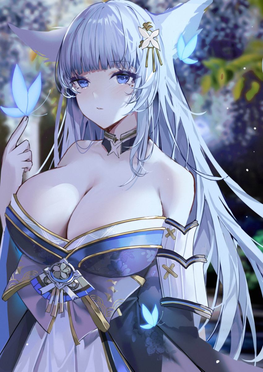 absurdres animal_ears azur_lane bare_shoulders blue_butterfly blue_eyes blunt_bangs blurry blurry_background blush breasts bug butterfly cleavage female fox_ears hair_ornament highres index_finger_raised japanese_clothes large_breasts long_hair looking_at_viewer mole mole_under_eye parted_lips shinano_(azur_lane) white_hair xiongshouji