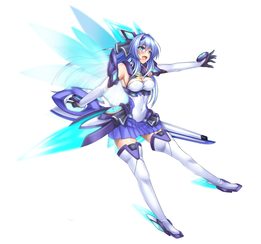 :d black_gloves blue_eyes blue_hair blue_skirt blue_wings boots breasts cleavage covered_navel elbow_gloves exs-tia female full_body gloves hair_intakes highres holding holding_sword holding_weapon katsuragi_marina kouyoku_senki_exs-tia kozu_rokuta legs_apart long_hair looking_away lusterise magical_girl medium_breasts open_mouth outstretched_arm pleated_skirt reverse_grip shiny_skin skirt smile solo sword thigh_boots weapon white_background white_footwear wings zettai_ryouiki