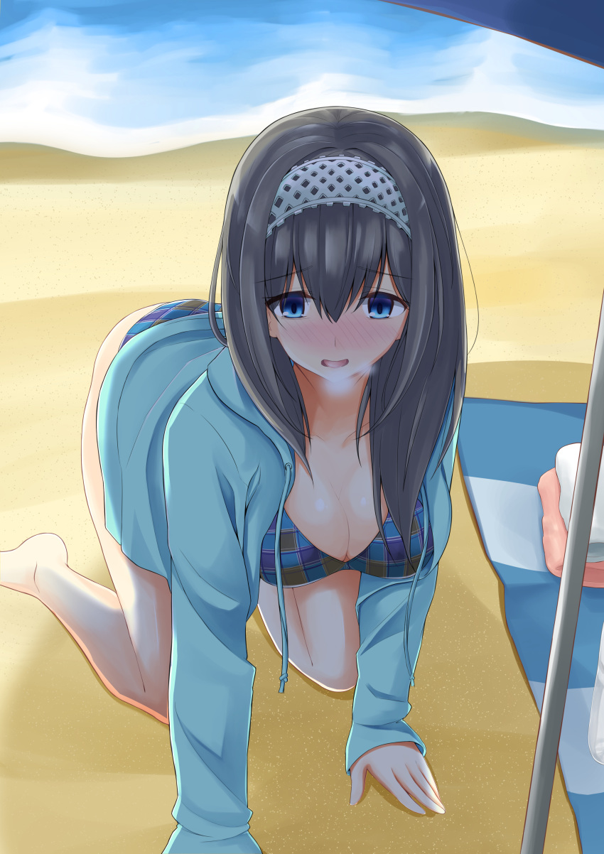 absurdres all_fours barefoot beach beach_towel beach_umbrella bikini black_hair blue_eyes blue_hoodie blush breasts breath cleavage collarbone commentary_request day drawstring embarrassed female full-face_blush hair_between_eyes hairband highres hood hood_down hoodie idolmaster idolmaster_cinderella_girls kneeling large_breasts long_hair megurumiru ocean open_clothes open_hoodie outdoors plaid plaid_bikini sagisawa_fumika solo swimsuit towel umbrella visible_air