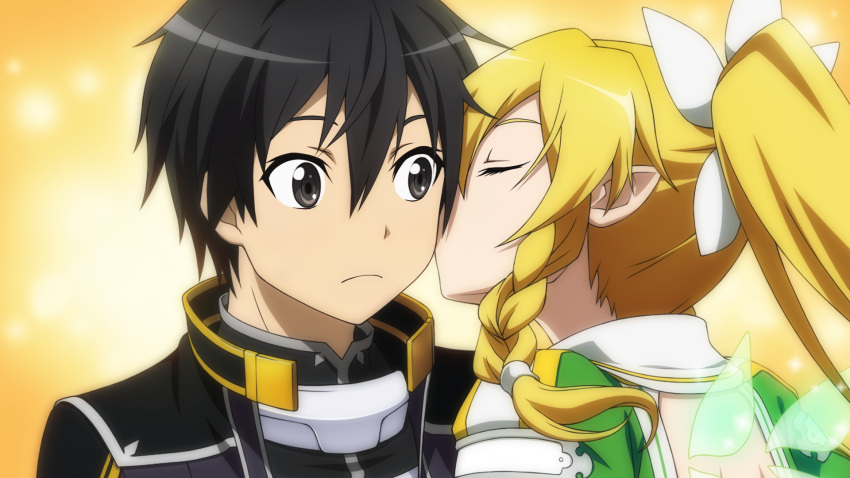 1boy black_eyes black_hair blonde_hair closed_eyes elf female game_cg highres kirito kissing kissing_cheek leafa leafa_(sao:im) long_hair non-web_source official_art pointy_ears straight sword_art_online sword_art_online:_hollow_fragment