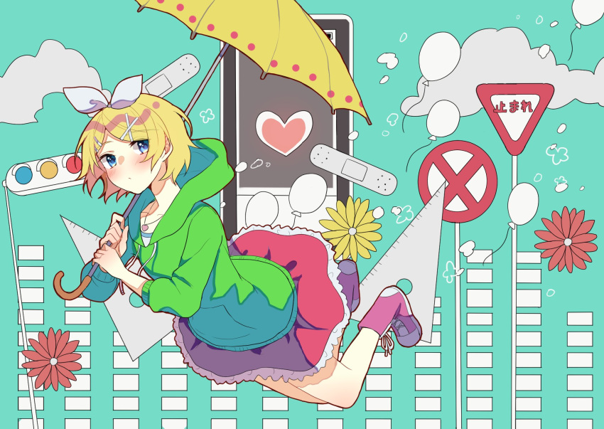 aqua_background aryuma772 balloon bandaid blonde_hair blue_eyes boots bow cloud commentary daisy expressionless falling female flower frilled_skirt frills green_hoodie hair_ornament hairbow hairclip heart highres holding holding_umbrella hood hoodie jewelry kagamine_rin melancholic_(vocaloid) miniskirt necklace pink_footwear pink_skirt protractor red_flower road_sign short_hair sign skirt solo stop_sign swept_bangs traffic_light umbrella vocaloid yellow_flower yellow_umbrella yield_sign