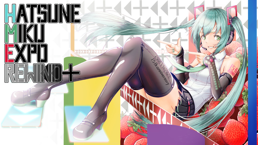 absurdres aqua_eyes aqua_hair black_skirt boots check_commentary clenched_teeth commentary_request detached_sleeves female food fruit hair_ornament hatsune_miku hatsune_miku_(vocaloid4) hatsune_miku_expo headphones highres legs_up long_hair looking_at_viewer nail_polish necktie pointing pointing_at_another shoulder_tattoo sitting sitting_on_object skirt smile strawberry tattoo teeth thigh_boots tom_(rock_n_tom) twintails v4x vocaloid