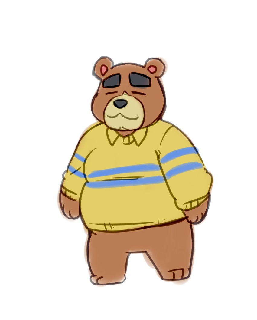 2020 animal_crossing anthro bear belly brown_body brown_fur closed_eyes clothing fur hi_res male mammal megawaffle_(artist) nintendo overweight overweight_anthro overweight_male shirt simple_background solo teddy_(animal_crossing) topwear white_background