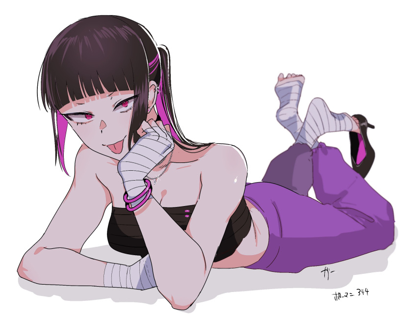 :p alternate_hairstyle arm_support bandages black_hair black_tube_top blunt_bangs bracelet breasts cleavage closed_mouth commentary_request earrings eye_(mememem) feet feet_up female full_body high_heels highres jewelry juri_han long_hair looking_at_viewer lying no_shoes official_alternate_costume on_stomach pants pink_eyes pink_hair pink_pants ponytail sarashi shoe_dangle simple_background smile soles solo strapless street_fighter street_fighter_v the_pose toes tongue tongue_out tsurime tube_top white_background