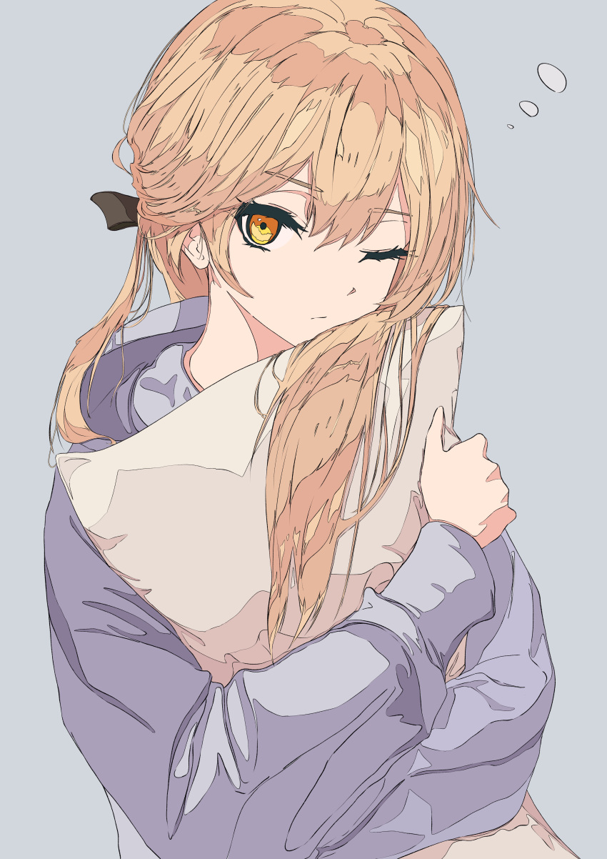 absurdres bad_id bad_pixiv_id blonde_hair blue_shirt bow closed_mouth female girls'_frontline hairbow highres holding holding_pillow hugging_object ligne_claire long_hair looking_at_viewer one_eye_closed ots-14_(girls'_frontline) pillow pillow_hug sarasa_dry shirt simple_background solo yellow_eyes