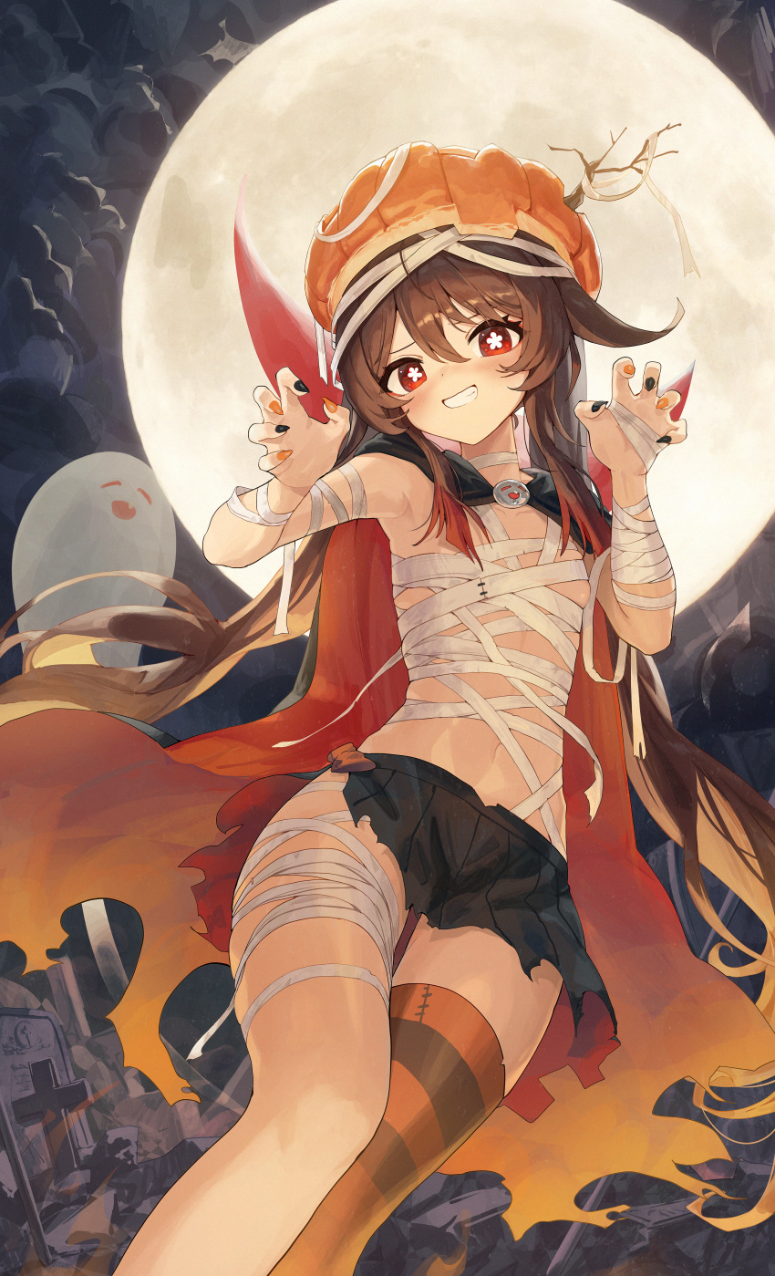 absurdres alternate_costume bandage_on_thigh bandages black_nails black_skirt blush boo_tao_(genshin_impact) breasts bright_pupils brown_hair cape claw_pose feet_out_of_frame female flower-shaped_pupils full_moon genshin_impact ghost grin halloween highres hu_tao_(genshin_impact) huge_moon long_hair looking_at_viewer moon multicolored_nails naked_bandage navel night night_sky orange_eyes orange_headwear orange_nails pellas_(panix2383) pumpkin_hat single_thighhigh skirt sky small_breasts smile solo striped_clothes striped_thighhighs symbol-shaped_pupils thighhighs thighs tombstone torn_clothes torn_skirt twintails white_pupils