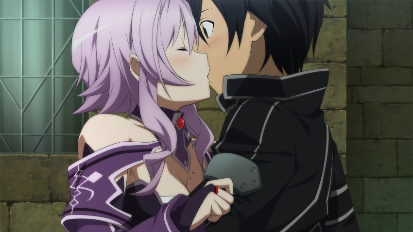 1boy black_eyes black_hair breasts cleavage closed_eyes female game_cg highres kirito kissing medium_breasts mole mole_on_breast non-web_source official_art outdoors purple_hair short_hair straight strea_(sao) sword_art_online sword_art_online:_hollow_fragment