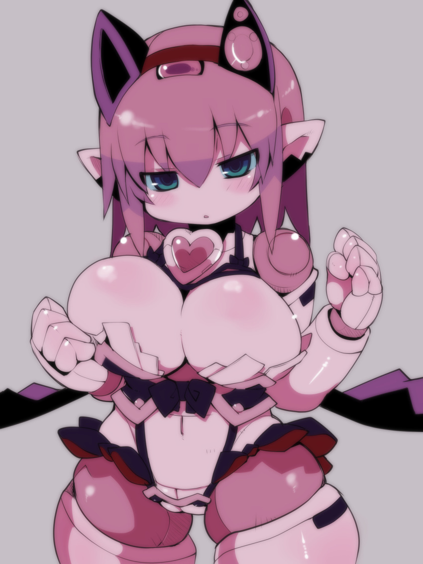 animal_ears blue_eyes blush breasts cameltoe clip_studio_paint_(medium) cowboy_shot deathlock-san female grey_background hair_between_eyes hairband hands_up heart highres large_breasts long_hair looking_at_viewer mechanization medium_hair navel original parted_lips pink_hair pointy_ears pussy robot simple_background skindentation solo standing zankuro