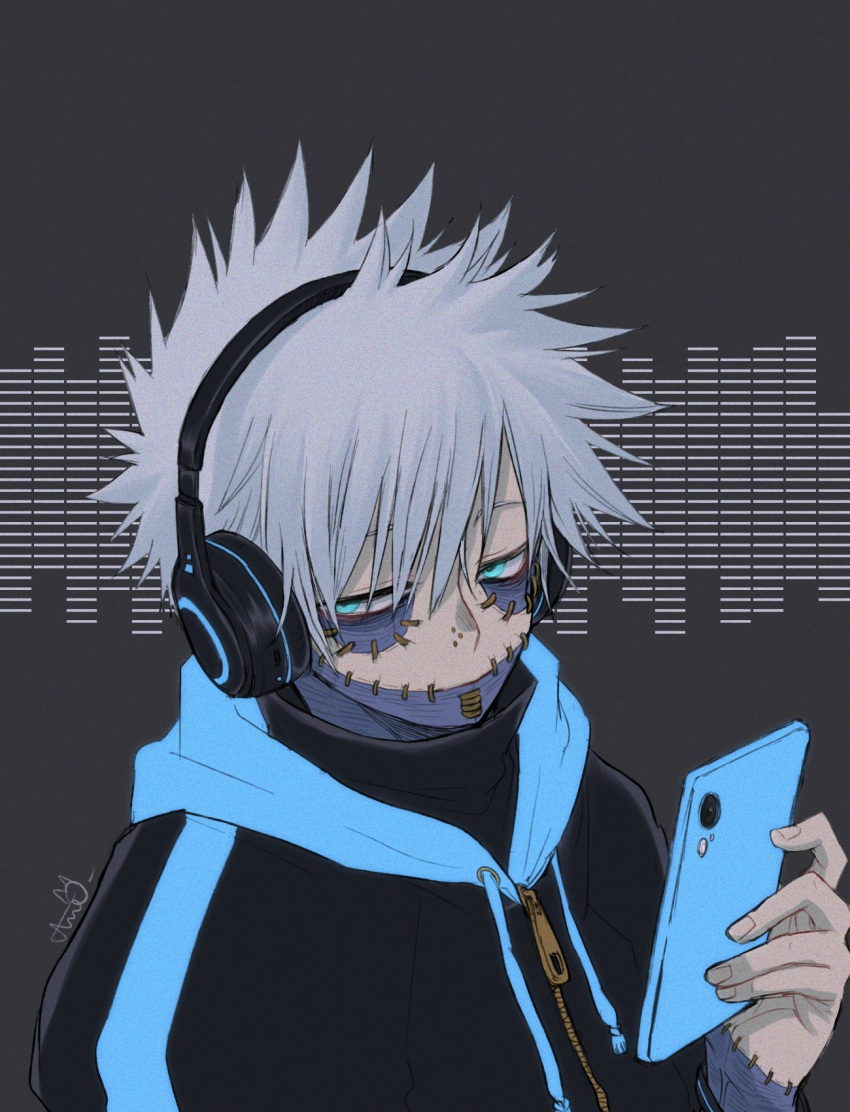 1boy alternate_costume black_background black_jacket blue_jacket boku_no_hero_academia burn_scar cellphone commentary dabi_(boku_no_hero_academia) grey_eyes grey_hair hand_up headphones highres holding holding_phone jacket male_focus messy_hair phone piercing scar short_hair signature smartphone solo spoilers symbol-only_commentary todoroki_touya upper_body yu_shi_(ametoki_ichi)