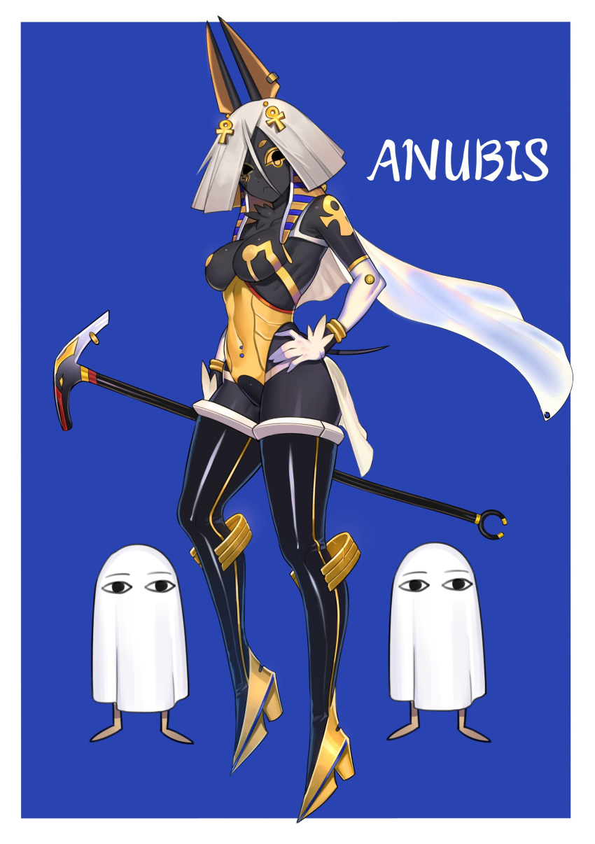 :< absurdres animal_ears ankh ankh_hair_ornament anu_(bugita) arm_tattoo black_eyes black_legwear black_skin blue_background boots border bugita character_name closed_mouth colored_sclera colored_skin detached_sleeves earrings egyptian egyptian_clothes female gloves gold_footwear gold_trim grey_hair hair_between_eyes hair_ornament hand_on_hip highres holding holding_staff jewelry navel navel_piercing orange_sclera original piercing scratches see-through see-through_silhouette short_hair shoulder_tattoo staff tail tattoo thigh_boots thighhighs veil white_border white_gloves