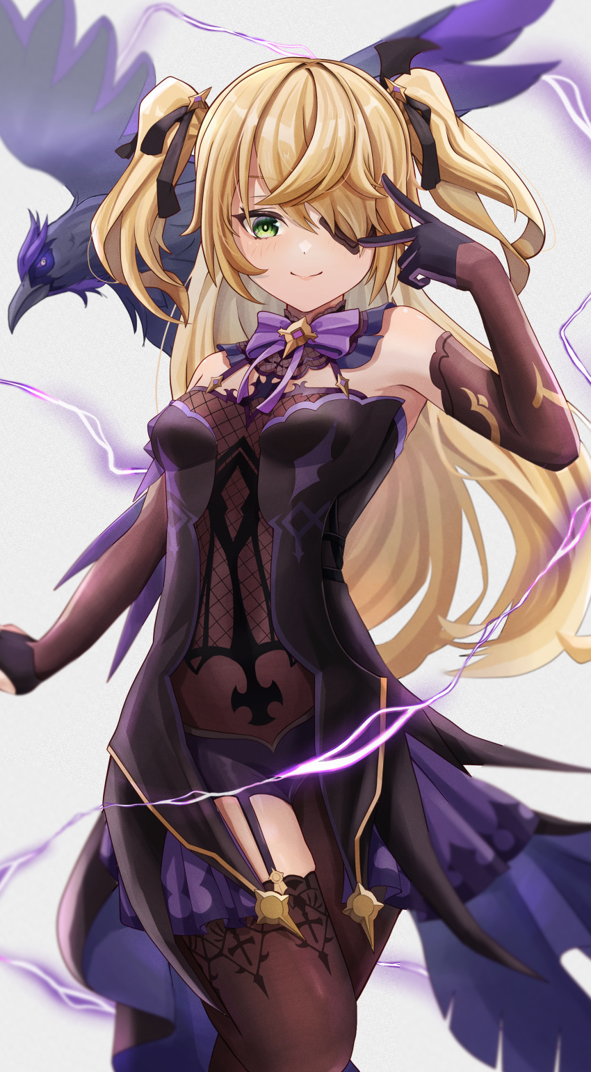 absurdres bare_shoulders black_gloves blonde_hair breasts brown_pantyhose brown_thighhighs closed_mouth commentary detached_sleeves dress elbow_gloves electricity eyepatch female fischl_(genshin_impact) fishnets garter_straps genshin_impact gloves highres long_hair looking_at_viewer musson oz_(genshin_impact) pantyhose sidelocks single_garter_strap single_leg_pantyhose single_thighhigh small_breasts smile solo thighhighs two_side_up v