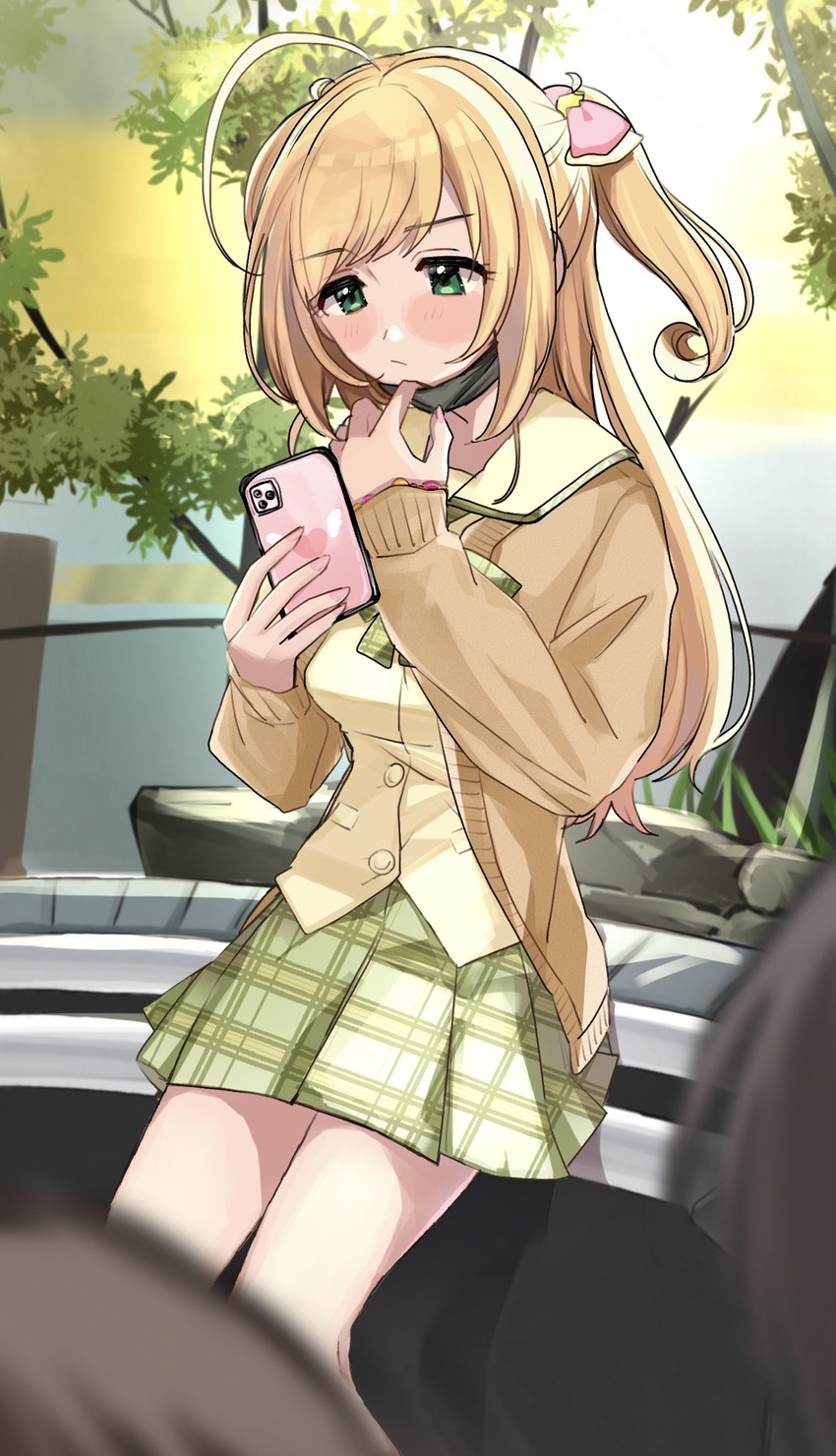 ahoge black_mask blurry blurry_background blush bored bow bracelet brown_cardigan cardigan cellphone expressionless female green_bow green_eyes green_skirt hairbow half-closed_eyes heart highres holding holding_phone idolmaster idolmaster_cinderella_girls jewelry light_brown_hair long_hair looking_at_phone mask mask_pull miniskirt mouth_mask nail_polish outdoors phone pink_bow pink_nails plaid plaid_bow plaid_skirt plant pleated_skirt sailor_collar sato_shin school_uniform shirt sitting skirt smartphone solo_focus swept_bangs two_side_up winged_heart wings yellow_sailor_collar yellow_shirt yuzuhota0313