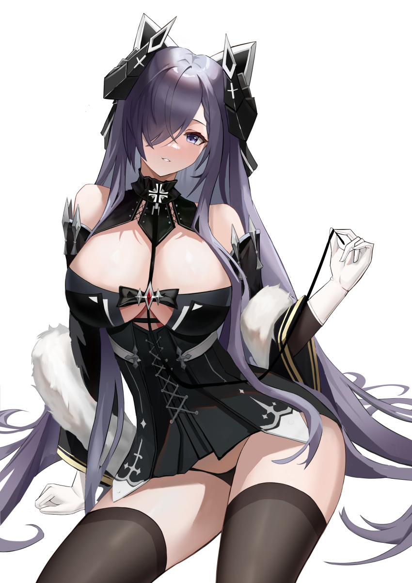 absurdres august_von_parseval_(azur_lane) azur_lane bikini black_bikini black_dress black_hair black_horns black_panties black_thighhighs blush breasts cleavage clothing_cutout coat commentary_request cross-laced_clothes cross-laced_dress detached_sleeves dress female fur-trimmed_coat fur_trim gloves hai_binggan hair_over_eyes hair_over_one_eye highres horns large_breasts long_hair looking_at_viewer panties sidelocks simple_background sitting smile solo swimsuit thighhighs thighs underwear very_long_hair white_background white_fur white_gloves