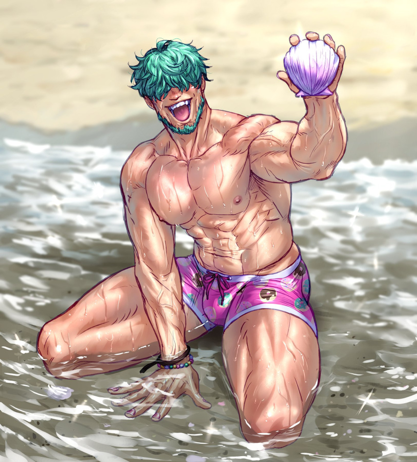 1boy abs aqua_hair bara beach bracelet carless_(ppanic) covered_eyes day facial_hair fire_emblem fire_emblem:_the_blazing_blade fire_emblem_cipher hair_over_eyes highres holding jewelry large_pectorals lowen_(fire_emblem) male_focus male_swimwear muscular muscular_male navel nipples open_mouth outdoors pectorals pink_male_swimwear sand seashell shell short_hair smile solo swim_briefs topless_male water