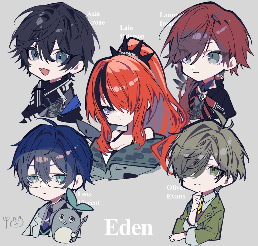 4boys :d aqua_eyes axia_krone axia_krone_(1st_costume) black_hair black_jacket black_tank_top blue_hair blue_neckwear chibi closed_mouth eden-gumi female green_jacket grey_background grey_eyes grey_hair grey_jacket hair_over_one_eye high_ponytail highres jacket lab_coat lain_paterson lain_paterson_(1st_costume) lauren_iroas lauren_iroas_(1st_costume) leos_vincent leos_vincent_(1st_costume) looking_at_viewer low_ponytail mameneko_(leos_vincent) mochizuki_kei multicolored_hair multiple_boys necktie nijisanji off_shoulder oliver_evans oliver_evans_(1st_costume) open_mouth rectangular_eyewear red_hair smile streaked_hair tank_top upper_body virtual_youtuber white_jacket wing_collar yellow_necktie