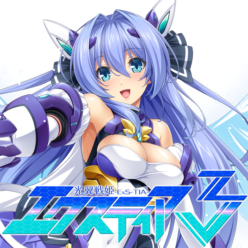 :d armpits blue_eyes blue_hair breasts cleavage copyright_name covered_navel dot_nose exs-tia female gloves hair_intakes highres inoino katsuragi_marina kouyoku_senki_exs-tia long_hair looking_at_viewer lusterise magical_girl medium_breasts open_mouth shiny_skin smile solo upper_body white_background