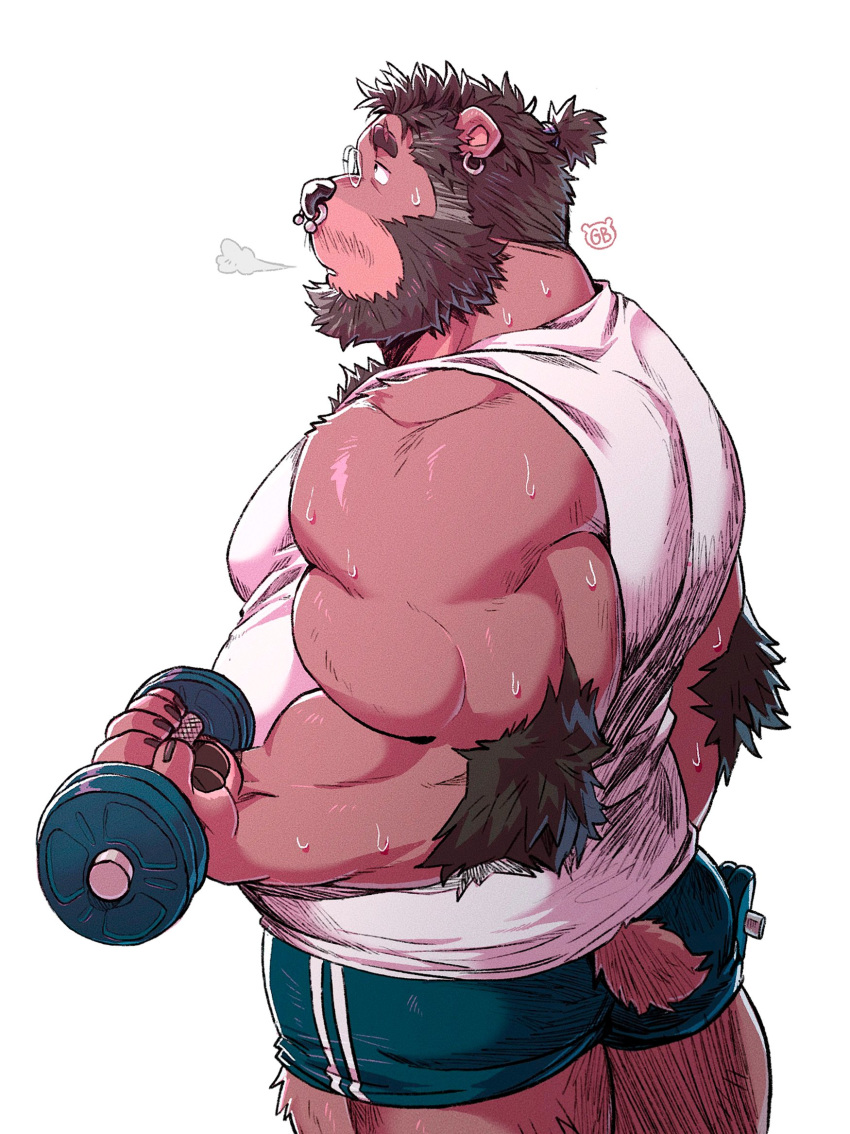 2020 anthro ass bear bearwivme belly black_nose bodily_fluids bottomwear clothing exercise hi_res male mammal musclegut muscular shirt shorts simple_background solo sweat topwear white_background workout