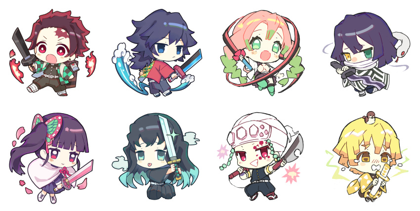 2girls 6+boys absurdres agatsuma_zenitsu aqua_hair bandage_on_face bandages belt bird black_hair blonde_hair blue_hair blunt_bangs braid breasts butterfly_hair_ornament chibi chuntarou_(kimetsu_no_yaiba) closed_mouth commentary_request demon_slayer_uniform earrings green_hair grin hair_ornament hakama hakama_skirt haori headband highres holding holding_sword holding_weapon iguro_obanai japanese_clothes jewelry kaburamaru kamado_tanjirou kanroji_mitsuri kimetsu_no_yaiba long_hair multicolored_hair multiple_boys multiple_girls open_mouth pink_hair ponytail purple_hair red_hair scar scar_on_face scar_on_forehead simple_background skirt smile snake sparrow sword tears tokitou_muichirou tomioka_giyuu tongue tongue_out tsuyuri_kanao twin_braids usu32 uzui_tengen weapon whip_sword white_background white_belt white_hair white_snake