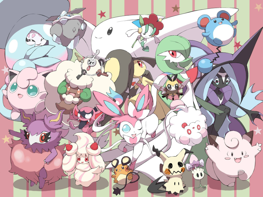 ;d alcremie aromatisse bad_id bad_twitter_id carbink claws clefairy closed_eyes commentary_request dedenne floette gardevoir green_eyes hatterene highres impidimp jigglypuff klefki looking_at_viewer marill mawile mimikyu morelull one_eye_closed open_mouth pokemon pokemon_(creature) ribombee shabana_may smile star_(symbol) swirlix sylveon tapu_fini toes togekiss whimsicott