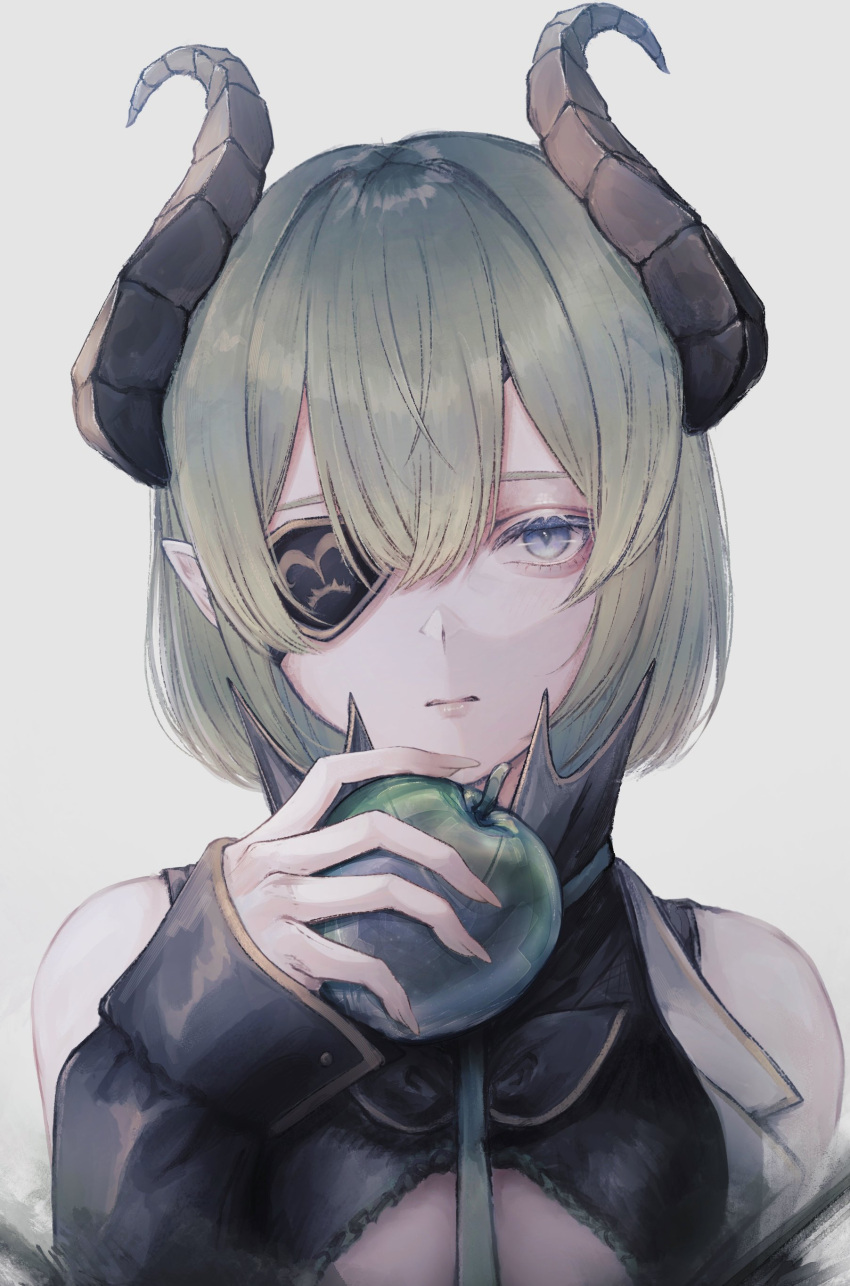 absurdres apple black_shirt blue_eyes breasts brown_horns closed_mouth commentary curled_horns demon_girl expressionless eyepatch female food fruit green_apple green_hair green_necktie grey_background hair_between_eyes highres holding holding_food holding_fruit horns looking_at_viewer medium_breasts nanashi_inc. necktie nemuneeeeeeeemu pointy_ears sekishiro_mico shirt short_hair simple_background sleeveless sleeveless_shirt solo symbol-only_commentary underboob upper_body virtual_youtuber