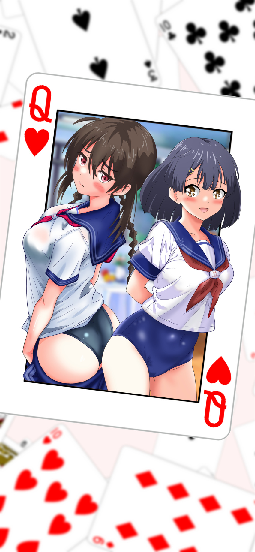 2girls absurdres arms_behind_back black_hair black_one-piece_swimsuit blue_one-piece_swimsuit blue_sailor_collar blurry bow braid breasts brown_eyes commentary_request covered_navel depth_of_field hair_ornament hairclip highres indoors large_breasts long_hair low_twintails mugen5657 multiple_girls new_school_swimsuit nine_of_diamonds one-piece_swimsuit original queen_(playing_card) queen_of_hearts_(playing_card) red_eyes sailor_collar sailor_shirt school school_swimsuit school_uniform serafuku serasuku shirt short_hair short_sleeves smile solo swimsuit swimsuit_under_clothes ten_of_clubs ten_of_hearts three_of_spades twin_braids twintails white_shirt