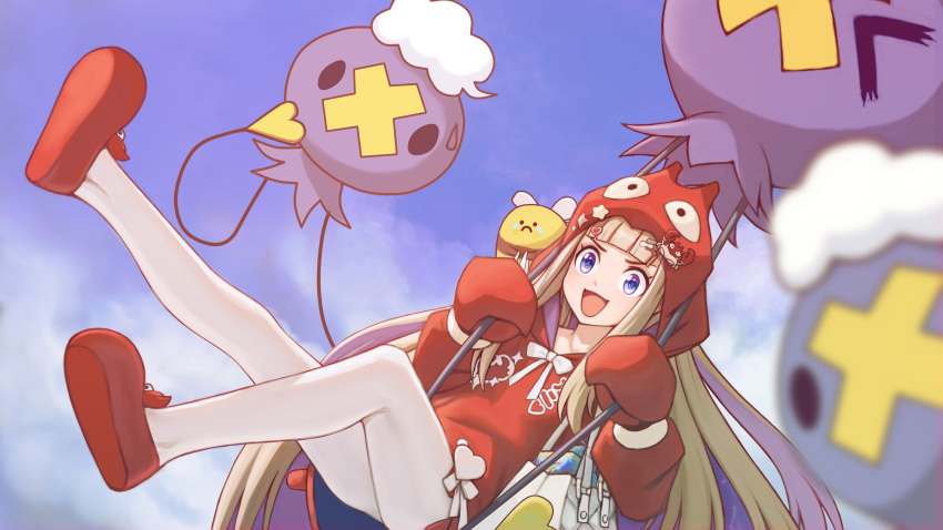 absurdres amanogawa_shiina amanogawa_shiina_(2nd_costume) bee black_skirt blonde_hair blue_eyes bug cloud colored_inner_hair commission crab_claw crab_hood drifloon female highres hood hoodie kingler long_hair multicolored_hair open_mouth pantyhose phase_connect pokemon purple_hair red_footwear red_hoodie skirt sky slippers star_(symbol) sweat teonanix virtual_youtuber white_bag white_pantyhose