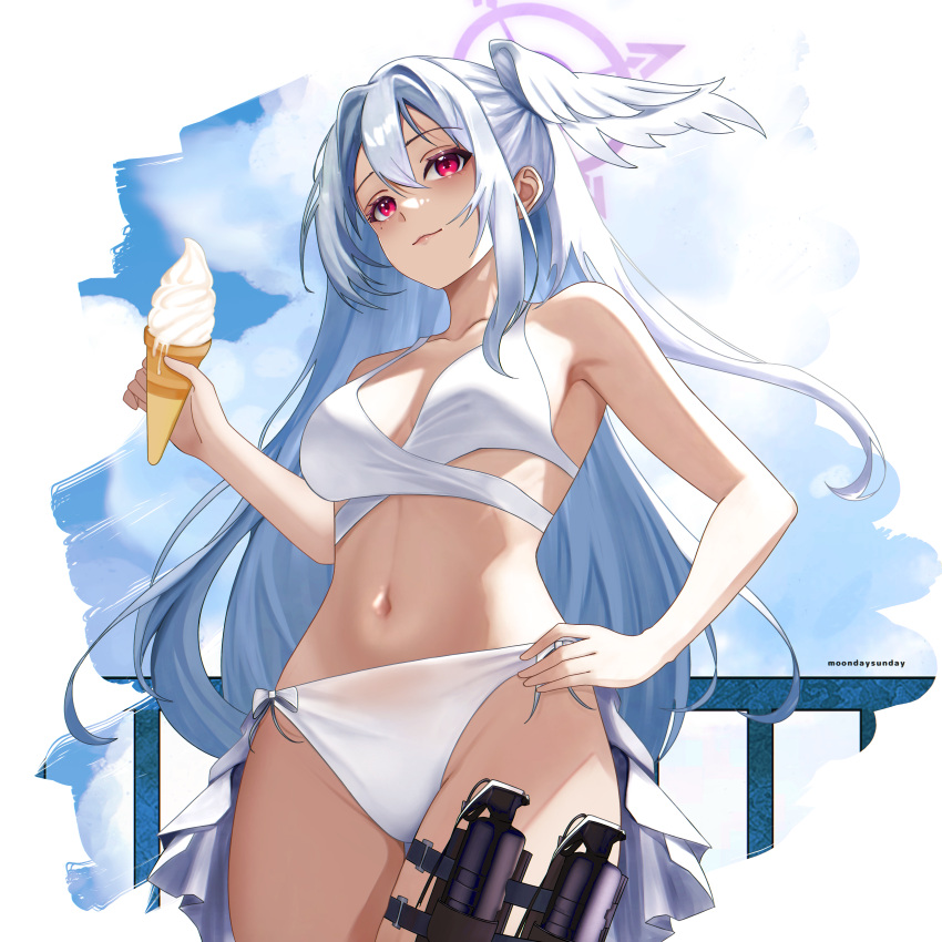 absurdres bikini blue_archive blue_sky breasts closed_mouth cloud cloudy_sky female flashbang food grey_hair halo hand_on_own_hip head_wings highres holding holding_food holding_ice_cream ice_cream long_hair matchacha medium_breasts navel red_eyes single_head_wing sky smile solo stomach suzumi_(blue_archive) swimsuit very_long_hair white_bikini white_wings wings