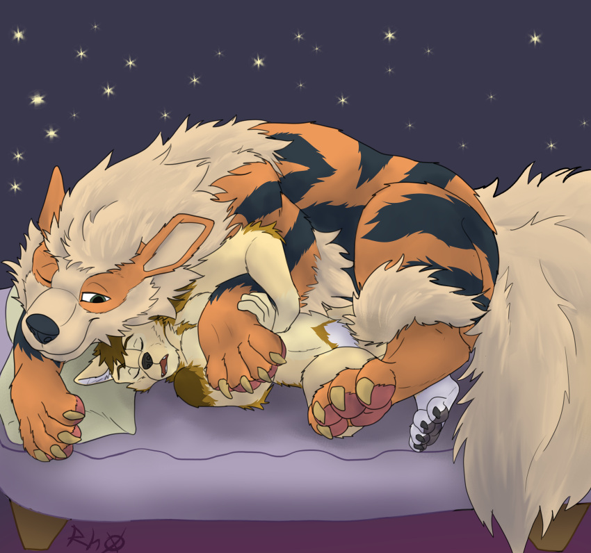 absurd_res anthro arcanine bed brown_body brown_fur calm canid canine claws closed_eyes digital_media_(artwork) duo feet feral from_behind_position fur furniture generation_1_pokemon hair hi_res hug hugging_another hugging_from_behind lying male mammal night nintendo on_bed one_eye_closed open_mouth orange_body pawpads paws pillow pokemon pokemon_(species) rhox sex simple_background size_difference sky sleeping smile spoon_position spooning tail teeth toes