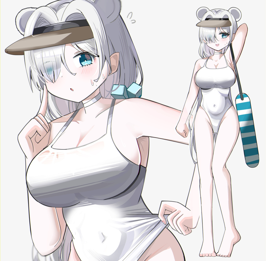 absurdres animal_ears arknights arm_at_side arm_up aurora_(arknights) blue_eyes blush breasts bright_pupils choker cleavage female finger_to_cheek flying_sweatdrops grey_background groin hair_intakes hair_over_one_eye hand_up highleg highleg_one-piece_swimsuit highres large_breasts long_hair looking_at_viewer multiple_views one-piece_swimsuit open_mouth parted_lips simple_background smile spam_(spamham4506) standing sweatdrop swimsuit very_long_hair visor_cap white_choker white_hair white_one-piece_swimsuit white_pupils