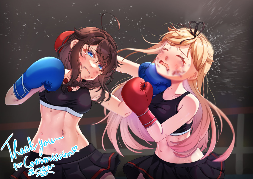 absurdres boxing bruise bruise_on_face catfight commission highres injury kantai_collection mori_tsunada pixiv_commission shigure_(kancolle) shigure_kai_ni_(kancolle) yuudachi_(kancolle) yuudachi_kai_ni_(kancolle)