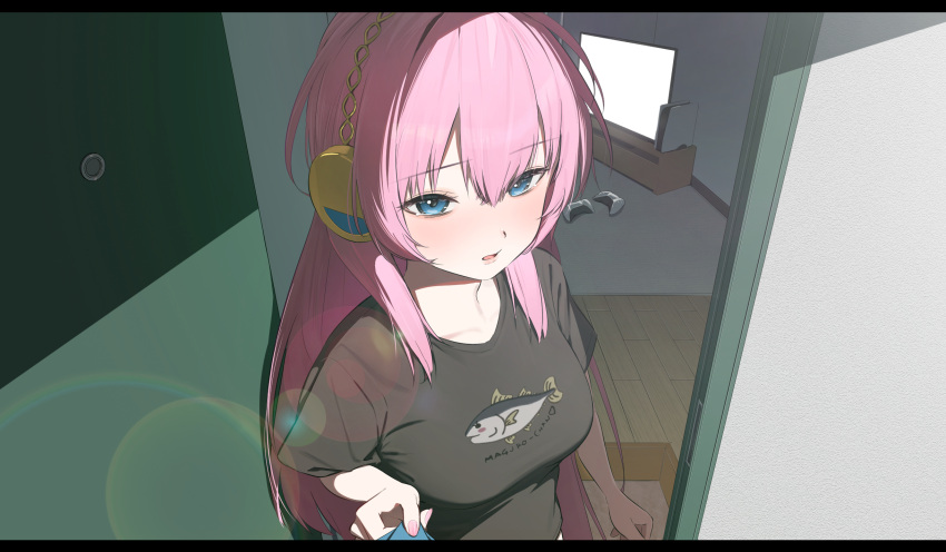 1other animal_print bananafish1111 black_shirt blue_eyes blush breasts clothes_pull commentary controller door doorway dualshock female fish_print game_console game_controller gamepad headphones highres large_breasts lens_flare letterboxed long_hair looking_at_viewer megurine_luka open_door parted_lips pink_hair pink_nails playstation_5 playstation_controller pov shirt shirt_pull short_sleeves television upper_body vocaloid