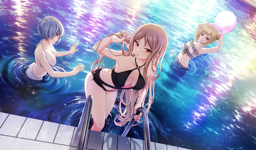 3girls ball beachball bikini black_slingshot_swimsuit blonde_hair blue_hair cinderella_series closed_mouth collarbone double_bun dutch_angle film_grain frilled_bikini frills from_above game_cg grin hachigatsu_no_cinderella_nine hair_bun hair_over_one_eye halterneck hifumi_yuri highres holding holding_ball holding_own_hair jinguji_sayaka light_blue_hair light_brown_hair light_particles long_hair looking_at_viewer multiple_girls navel non-web_source o-ring o-ring_swimsuit official_art one_eye_covered partially_submerged pool pool_ladder red_eyes ripples short_hair slingshot_swimsuit smile sparkle string_bikini swimsuit teeth toudou_taira very_long_hair water wet white_bikini