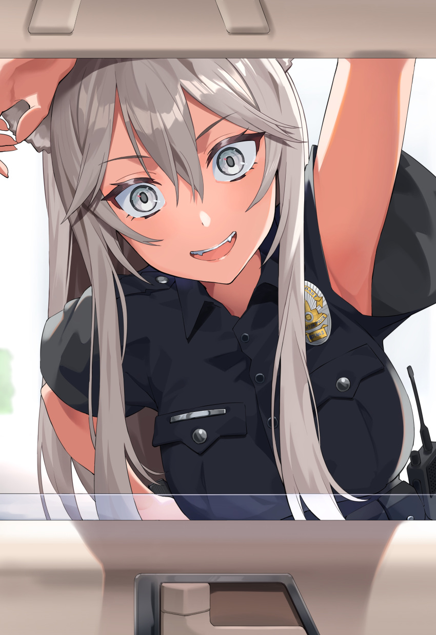 :d absurdres alternate_costume animal_ears arm_up black_shirt breast_pocket breasts car_interior character_name collared_shirt fangs female gashino grand_theft_auto grand_theft_auto_v grey_eyes grey_hair hair_between_eyes hand_on_own_hip highres hololive large_breasts lion_ears lion_girl long_hair looking_at_viewer open_mouth pocket police police_badge police_uniform policewoman shirt shishiro_botan simple_background smile solo tongue virtual_youtuber walkie-talkie white_background