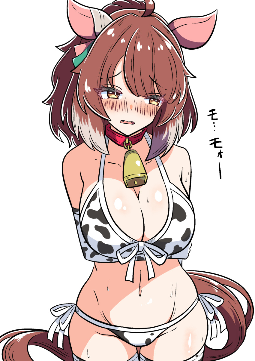 absurdres akkunz animal_ears animal_print bell bikini blush breasts brown_hair commentary_request cow_print cow_print_bikini cowbell dantsu_flame_(umamusume) ear_covers highres horse_ears horse_girl horse_tail large_breasts looking_to_the_side multicolored_hair navel neck_bell print_bikini side-tie_bikini_bottom simple_background sweat swimsuit tail two-tone_hair umamusume white_background white_bikini white_hair yellow_eyes