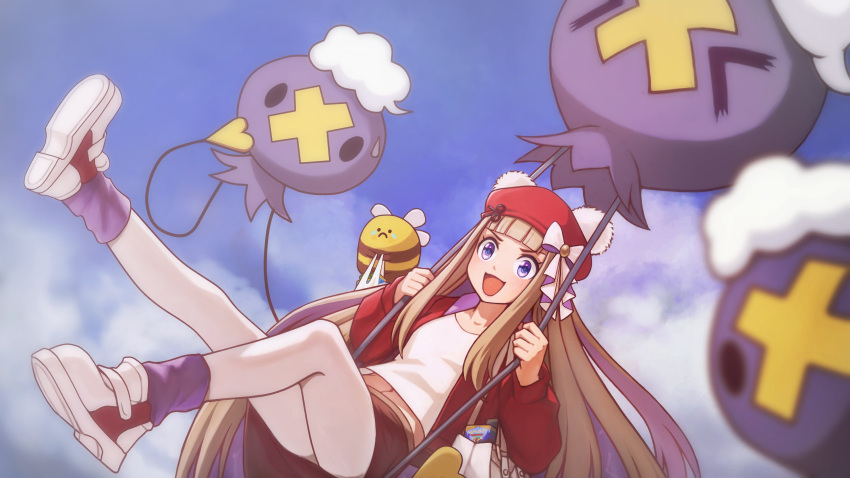 absurdres amanogawa_shiina bee beret black_skirt blonde_hair blue_eyes bow bug cloud colored_inner_hair commission drifloon female flower hat hat_bow highres long_hair multicolored_hair navel open_mouth phase_connect pokemon pom_pom_hat_ornament purple_hair purple_socks red_hat scissors_hair_ornament shirt skirt sky socks sweat teonanix virtual_youtuber white_bag white_bow white_flower white_shirt