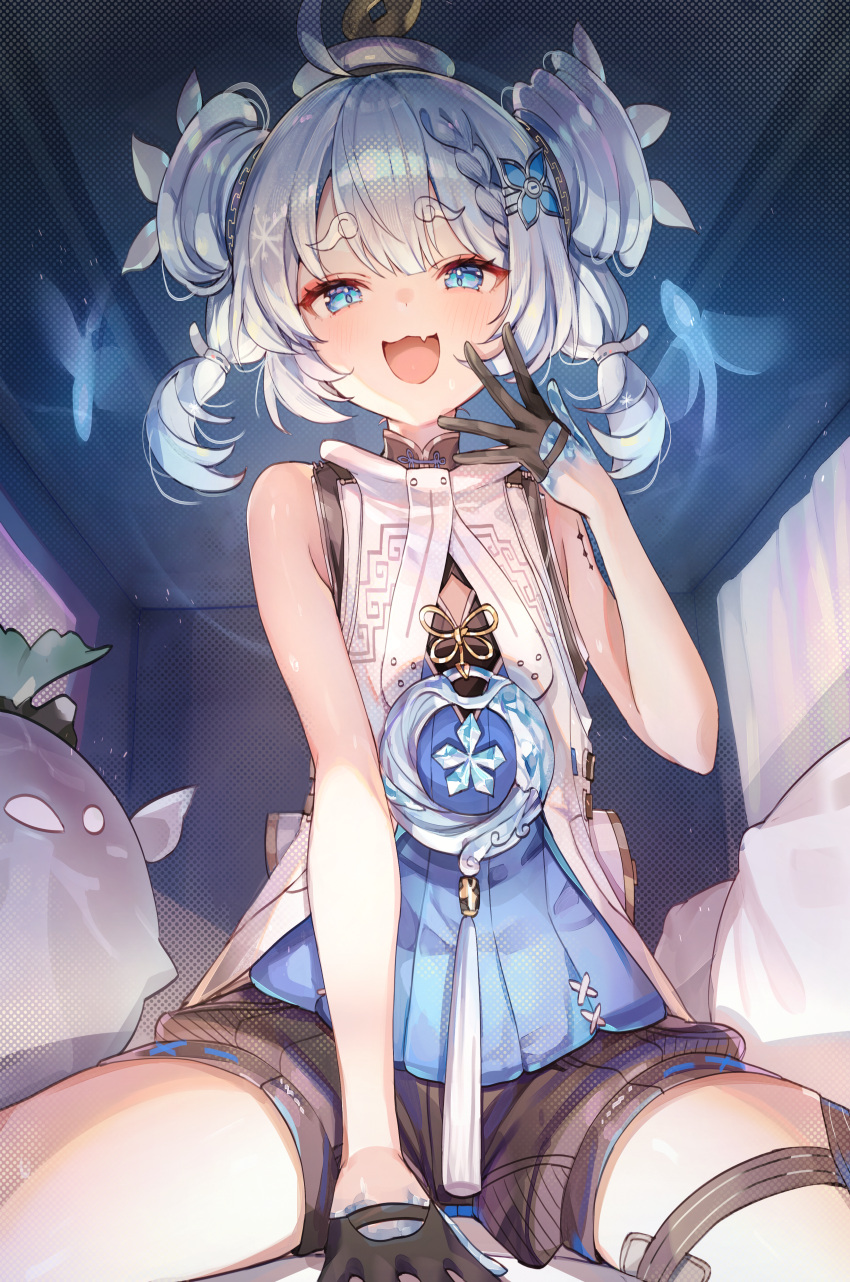 :d absurdres ahoge black_gloves black_shorts blue_eyes blue_hair female gloves highres looking_at_viewer misyune open_mouth short_hair shorts sleeveless smile solo thigh_strap thighs wuthering_waves youhu_(wuthering_waves)