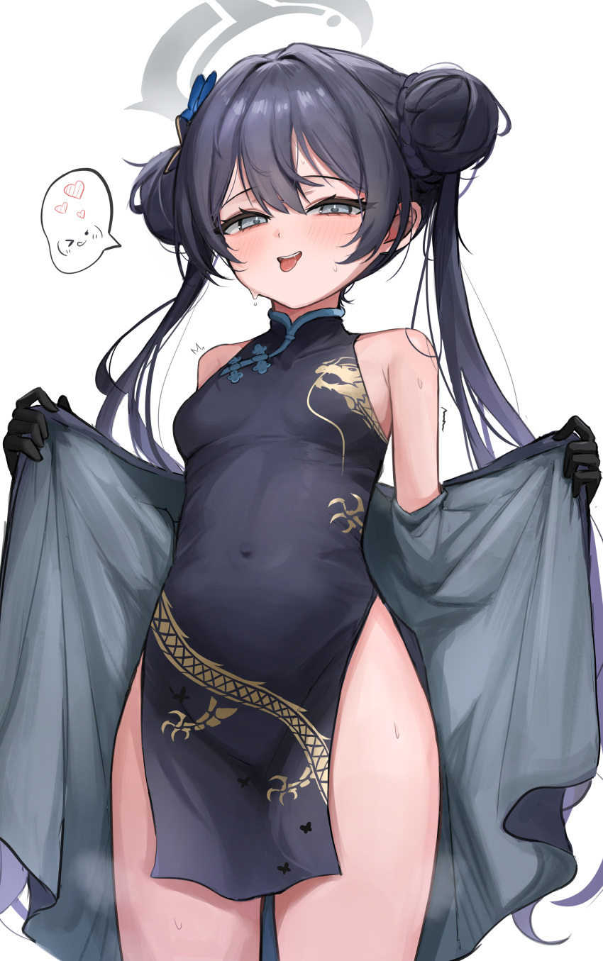 absurdres bare_shoulders black_coat black_dress black_gloves black_hair blue_archive blush breasts china_dress chinese_clothes coat commentary covered_navel double_bun dress female gloves grey_eyes grey_halo hair_bun halo highres hoangryu kisaki_(blue_archive) long_hair looking_at_viewer off_shoulder open_clothes open_coat pelvic_curtain simple_background small_breasts solo spoken_expression sweat thighs tongue tongue_out twintails white_background