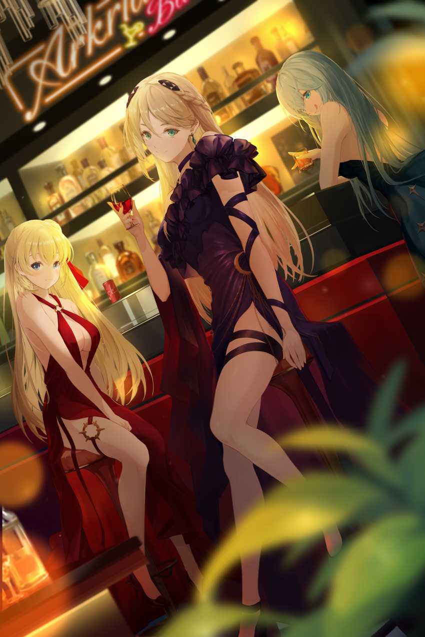 3girls absurdres agnes_claudel alcohol bar_(place) bar_stool blonde_hair blue_eyes bottle braid breasts brown_hair bun_with_braided_base can cleavage counter crown_braid cup double-parted_bangs dress drink_can drinking_glass earrings eiyuu_densetsu elaine_auclair green_eyes hair_between_eyes hair_bun high_heels highres holding holding_cup indoors jewelry kai_no_kiseki kuro_no_kiseki_(series) lancefate licking_lips liquor long_hair looking_at_viewer medium_breasts mixed-language_commentary multiple_girls parted_bangs plant potted_plant shelf shizuna_rem_misurugi sideboob single_hair_bun single_side_bun sitting smile soda_can stool thighs tongue tongue_out whiskey white_hair wine wine_bottle wine_glass