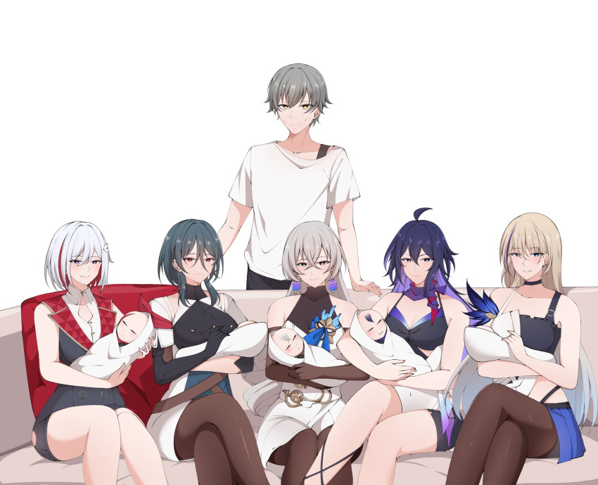 1boy 5girls 5others ahoge alternate_costume baby baby_carry bare_shoulders black_choker black_thighhighs blonde_hair blue_eyes blue_hair blush breasts bronya_rand brown_hair caelus_(honkai:_star_rail) carrying centauri-d choker closed_mouth colored_inner_hair couch crossed_legs english_commentary family father_and_child grey_hair hair_between_eyes hair_ornament highres holding_baby honkai:_star_rail honkai_(series) if_they_mated large_breasts long_hair looking_at_viewer mother_and_child multicolored_hair multiple_girls multiple_others natasha_(honkai:_star_rail) on_couch pantyhose parent_and_child purple_eyes purple_hair red_hair seele_(honkai:_star_rail) serval_landau shirt short_hair simple_background sitting smile standing streaked_hair surrounded swaddled thighhighs thighs topaz_(honkai:_star_rail) trailblazer_(honkai:_star_rail) white_background white_hair white_shirt