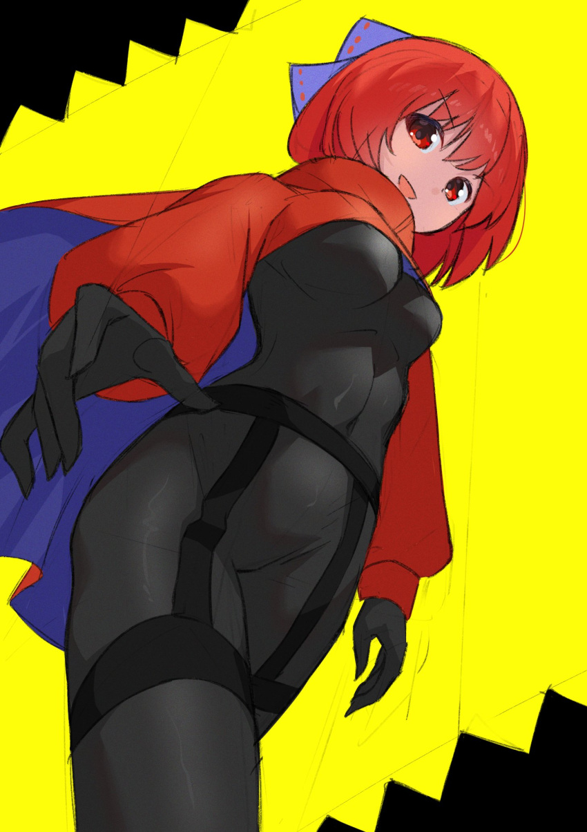 adapted_costume akatsuki_records black_background black_bodysuit black_gloves blue_bow blue_cape bodysuit bow breasts cape catsuit cloak commentary_request covered_navel female from_below gloves hairbow highres latex latex_bodysuit looking_at_viewer open_mouth puffy_sleeves punidayo red_cape red_cloak red_eyes red_hair red_sleeves ribbon-trimmed_bow rock_'n'_rock_'n'_beat sekibanki short_hair simple_background skin_tight small_breasts solo touhou two-sided_cape two-sided_fabric two-tone_cape yellow_background