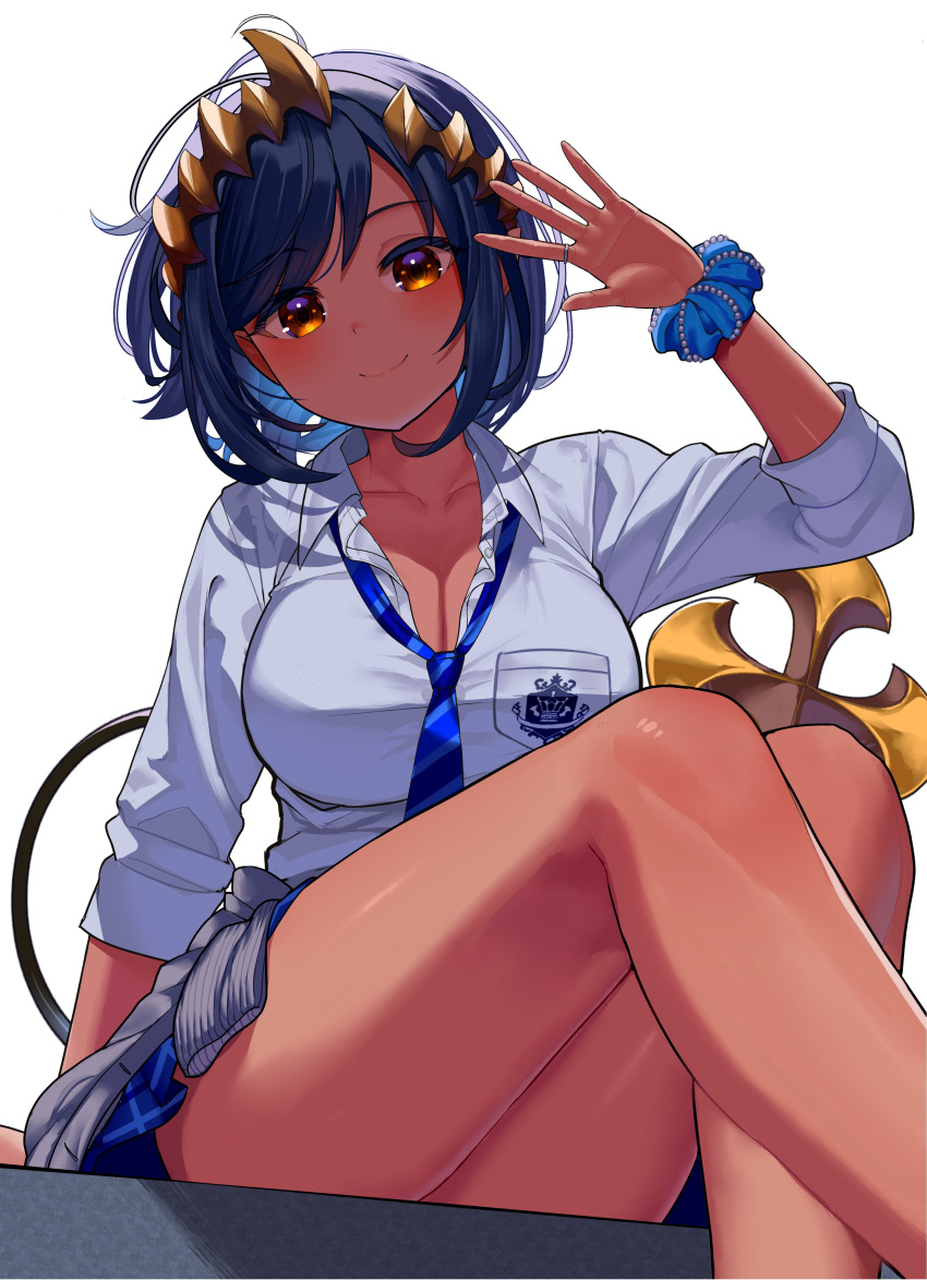 absurdres black_hair blue_necktie blue_sky blush breasts brown_eyes cleavage closed_mouth collared_shirt crossed_ankles dark-skinned_female dark_skin demon_tail feet_out_of_frame female futayamam2 highres large_breasts large_variant_set long_sleeves looking_at_viewer miniskirt nanashi_inc. necktie plaid_clothes plaid_necktie plaid_skirt pointy_ears shimamura_charlotte shimamura_charlotte_(7th_costume) shirt short_hair simple_background skirt sky smile solo tail tan variant_set virtual_youtuber white_background white_shirt