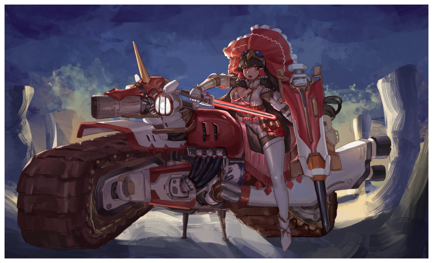 absurdres backlighting baronne_de_fleur black_hair black_pantyhose blue_background boots border breasts caterpillar_tracks cleavage cookie_(touhou) d_tomoki explosive female full_body gauntlets goggles goggles_on_head grenade hakurei_reimu highres holding holding_sword holding_weapon kanna_(cookie) large_breasts long_hair looking_at_viewer motor_vehicle motorcycle on_motorcycle open_mouth pantyhose pile_bunker red_eyes sidelocks solo sword thigh_boots touhou vest weapon white_border white_footwear white_vest yu-gi-oh!