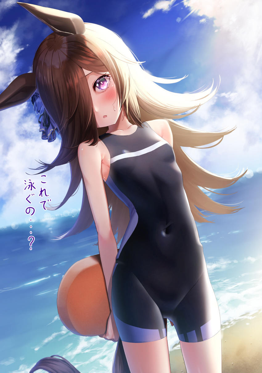 absurdres animal_ears beach black_one-piece_swimsuit black_wetsuit blue_sky breasts brown_hair cloud competition_swimsuit covered_navel cowboy_shot day female hair_over_one_eye highres horizon horse_ears horse_girl horse_tail kickboard long_hair ocean one-piece_swimsuit outdoors purple_eyes reo-illust4696 rice_shower_(umamusume) sky small_breasts solo swimsuit tail umamusume