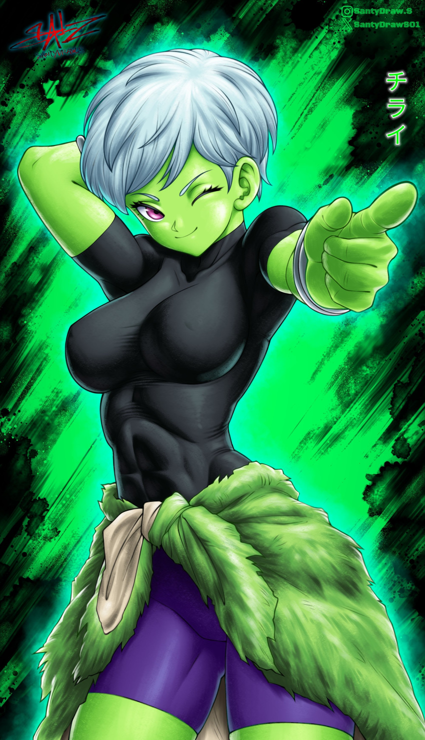 abs absurdres artist_name bike_shorts bodysuit breasts broly_(dragon_ball_super) broly_(dragon_ball_super)_(cosplay) cheelai colored_skin cosplay dragon_ball dragon_ball_super dragon_ball_super_broly female fur_(clothing) green_skin highres looking_at_viewer muscular muscular_female one_eye_closed pelt pixie_cut pointing purple_eyes santydraws01 short_hair solo thighs tight_top white_hair