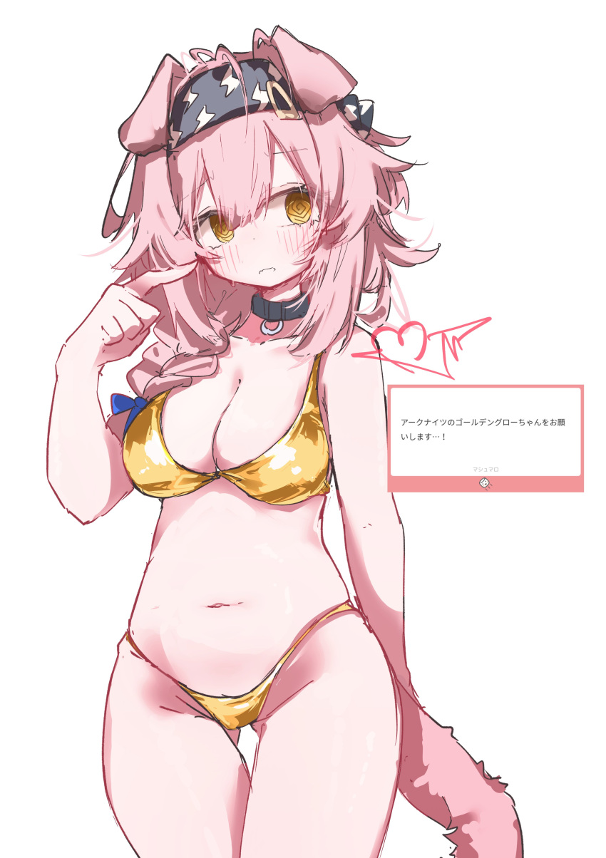 absurdres alternate_costume animal_ears arknights ass_visible_through_thighs bare_shoulders belt_collar bikini black_hairband blush braid breasts cat_ears cat_girl cat_tail closed_mouth collar cowboy_shot female gold_bikini goldenglow_(arknights) hairband highres large_breasts navel pink_hair short_hair simple_background single_braid solo stomach swimsuit tail thighs translation_request white_background xuhito_(kyoukonohito0) yellow_eyes