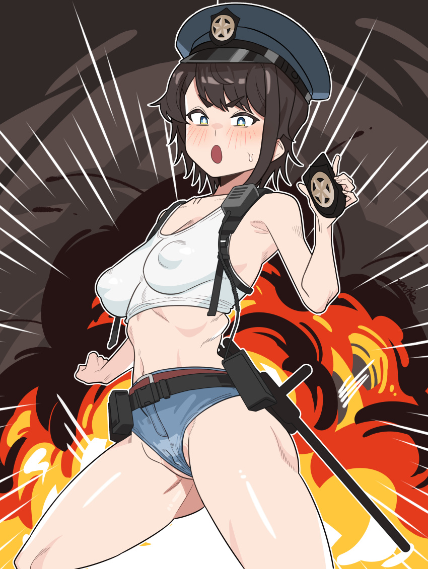 absurdres baton_(weapon) belt blush covered_nipples explosion female grand_theft_auto hat highres hololive hololive_grand_theft_auto midriff oozora_subaru police police_badge police_hat radio short_hair short_shorts shorts skirt sweat tank_top thighs utility_belt virtual_youtuber weapon white_tank_top yan_jhia