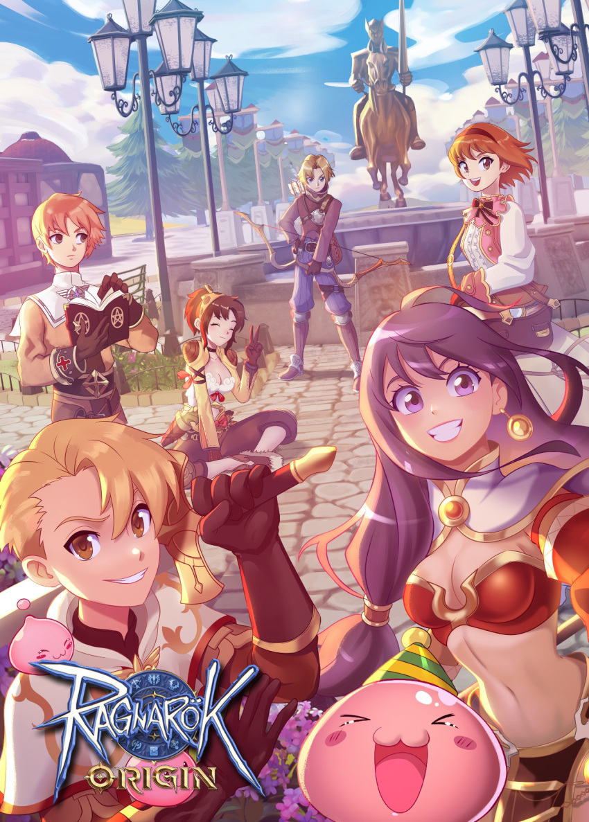 3boys 3girls :3 acolyte_(ragnarok_online) archer_(ragnarok_online) asymmetrical_bangs bikini bikini_top_only black_gloves blonde_hair blue_eyes blue_pants blue_sky book boots bow bow_(weapon) bow_bra bra breasts brown_bag brown_bandana brown_eyes brown_footwear brown_gloves brown_hair brown_hairband brown_shirt brown_shorts brown_skirt capelet cassock cleavage closed_eyes cloud commentary copyright_name cowboy_shot day dress earrings elbow_gloves english_commentary flower full_body fur-trimmed_boots fur_trim gloves gold_trim grin hairband highres holding holding_book holding_bow_(weapon) holding_staff holding_sword holding_weapon in-universe_location jewelry key_visual lamppost logo long_hair long_sleeves looking_at_viewer mad_boogie_creations mage_(ragnarok_online) medium_breasts merchant_(ragnarok_online) midriff multiple_boys multiple_girls muneate navel official_art open_book outdoors pants pelvic_curtain pink_flower pink_vest poring promotional_art purple_eyes purple_hair ragnarok_online ragnarok_origin red_bikini red_bow red_gloves shirt shorts showgirl_skirt skirt sky slime_(creature) smile staff statue swimsuit sword swordsman_(ragnarok_online) thief_(ragnarok_online) underwear upper_body v vest weapon white_bra white_capelet white_dress