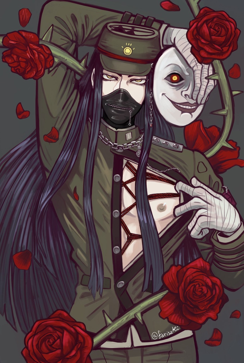 1boy androgynous black_hair bound clothed clothing color colored danganronpa danganronpa_v3 fuckysaki light-skinned_male long_hair long_hair_male looking_at_viewer male male_focus male_only mask nipples pale_skin pulling_clothing red_rope rope rope_bondage rose shibari shinguji_korekiyo smooth_skin solo solo_focus solo_male